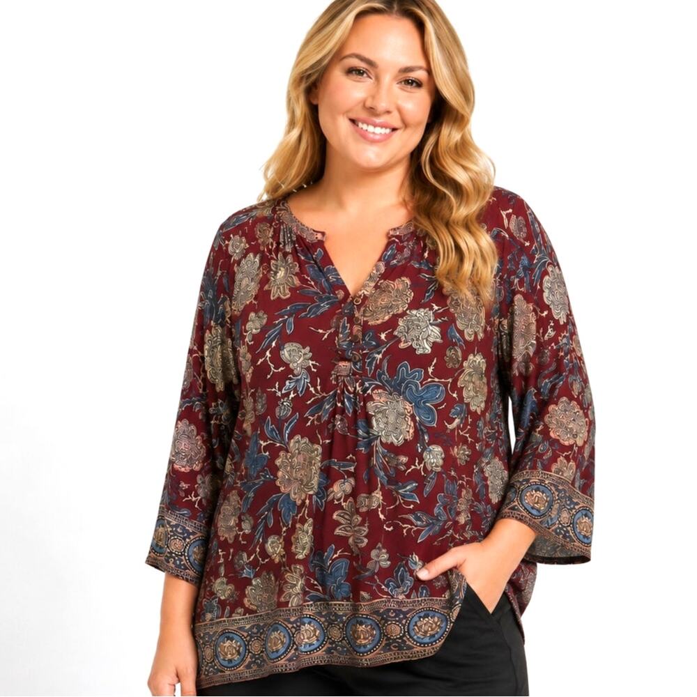Lucky Brand Floral Henley Top Womens Size 2X Burgundy Blue Border Knit Peasant